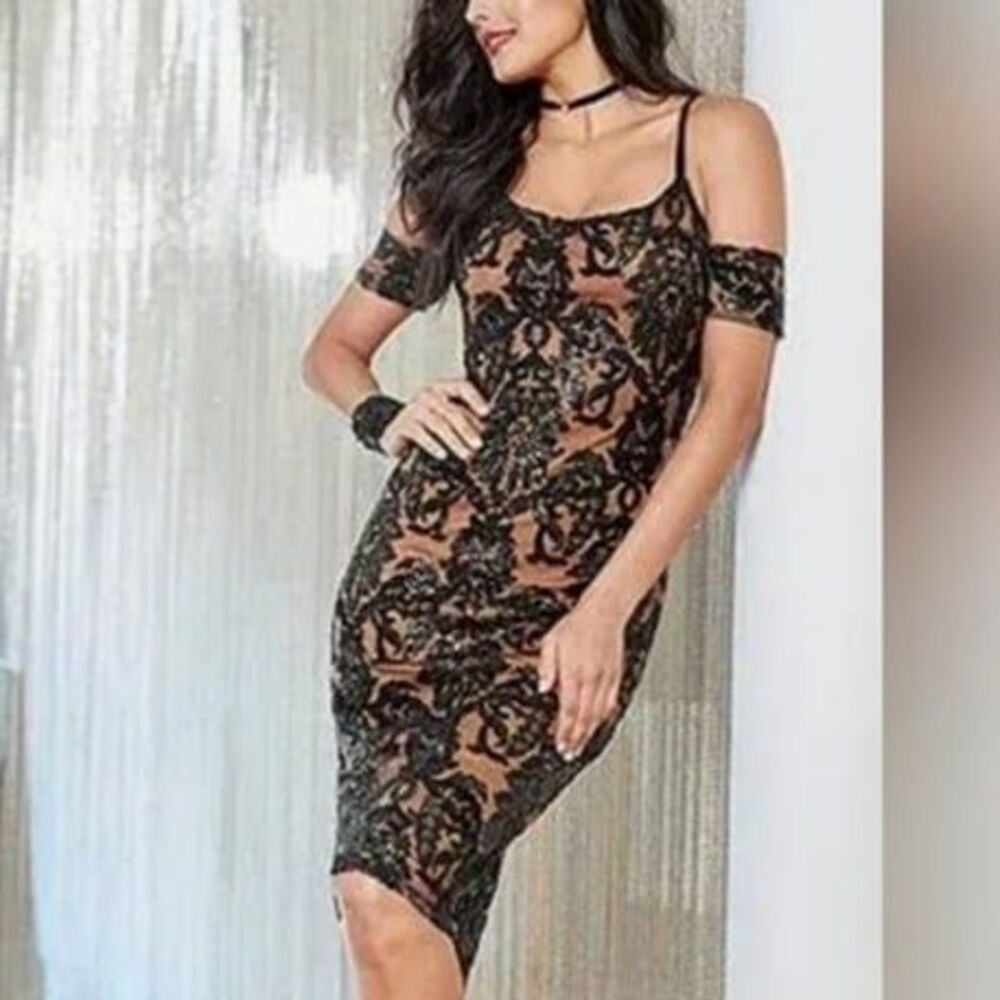 VENUS Black and Tan Lace Midi Dress